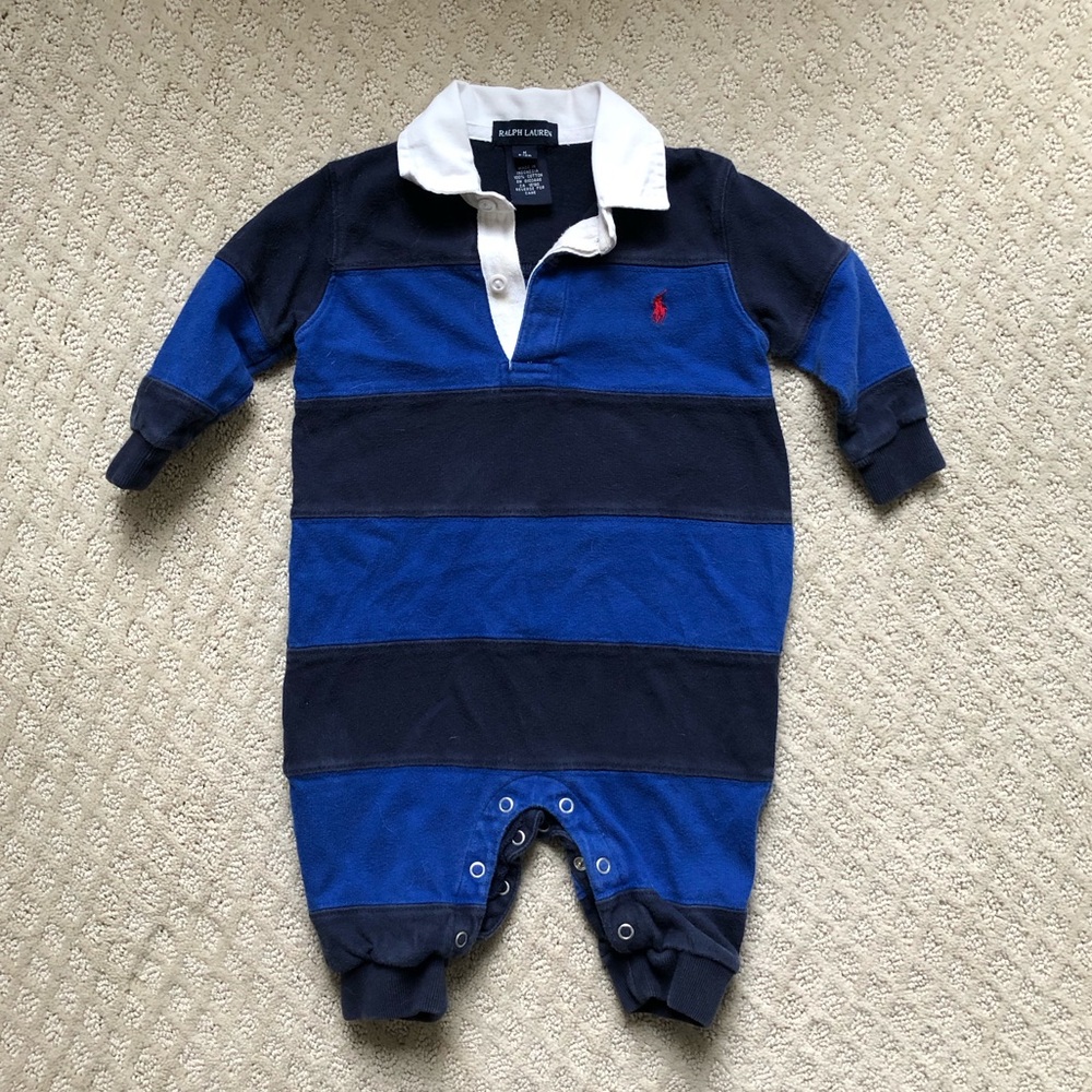Ralph Lauren Kid Boys Navy & Blue Long Sleeve Romper Size 6-12 Months